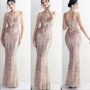 Elegant Gold Sequin Maxi Dress with Draped Shoulder Chains